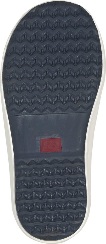 Zool van donkerblauwe regenlaars met grof profiel en rode maat 26.