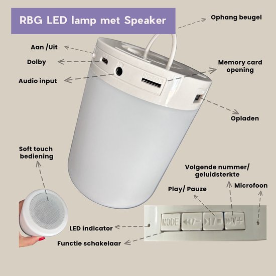 Fienosa RGB sfeerlamp met Bluetooth speaker - Multi Colour LED - Kerstcadeau - Draadloos - Kampeerlamp - Camping Lamp - Bedlamp - Touch Bediening - USB Oplaadbaar - Dimbaar - Terraslamp - Tuinlamp - Energiezuinig van Fienosa — afbeelding 3