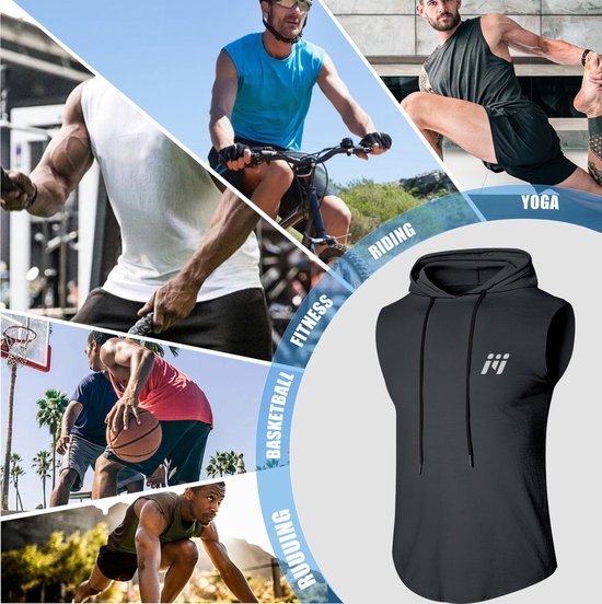 MEETEU Heren workout tanktops met capuchon (2-pack) mouwloze gym hoodies bodybuilding muscle cut-off T-shirt-Grijs/Blauw-L