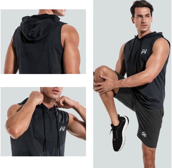 MEETEU Heren workout tanktops met capuchon (2-pack) mouwloze gym hoodies bodybuilding muscle cut-off T-shirt-Grijs/Blauw-L
