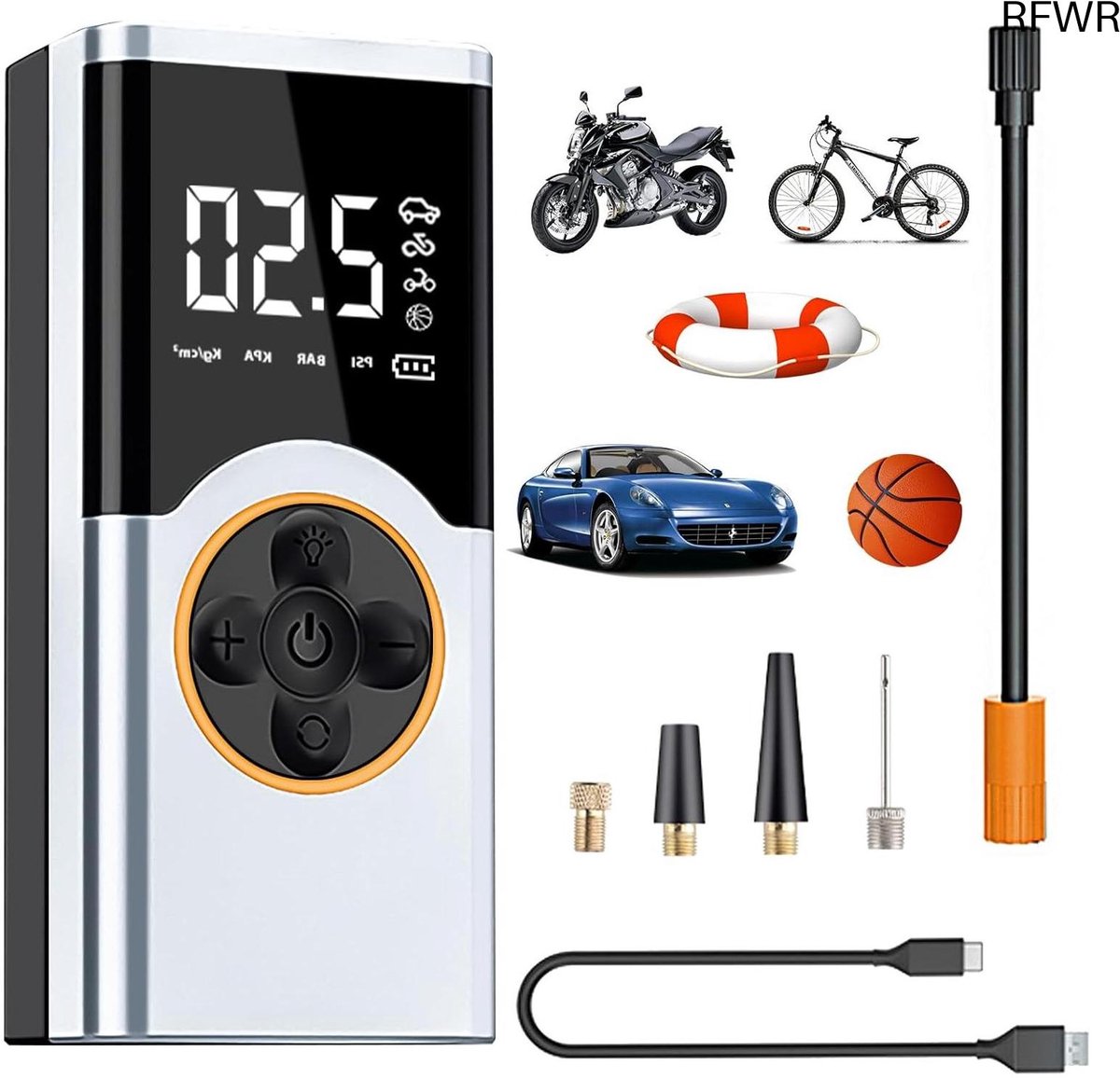 RFWR® Draagbare Luchtcompressor - Draadloze Luchtpomp voor Autobanden, Fietsbanden met LED-Licht en Digitale Drukmeter