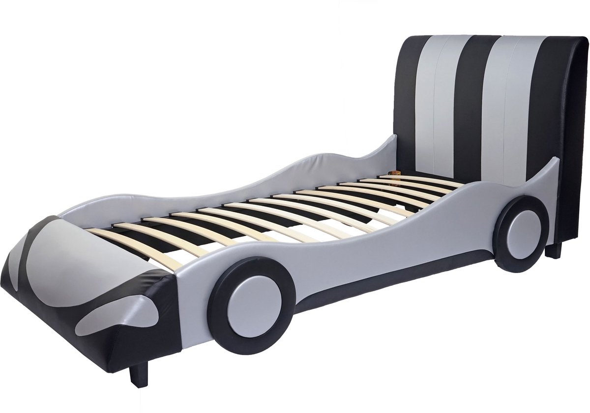 Bed MCW-E14, auto Jongensbed Jeugdbed, lattenbodem Kunstleer Hout 190x100cm ~ zwart-zilver