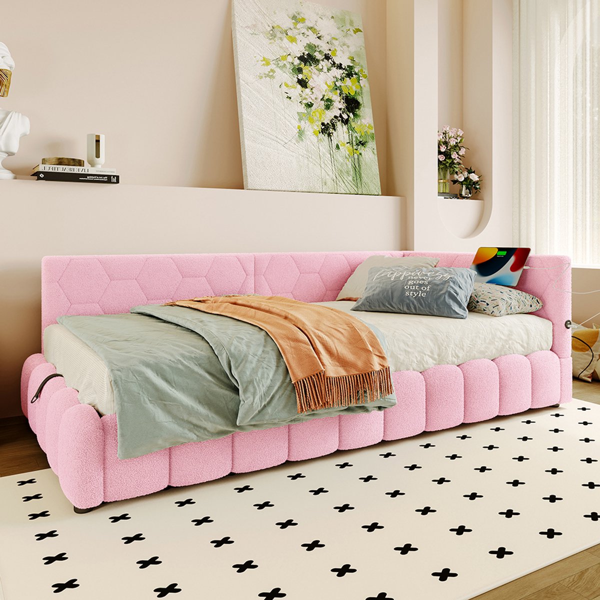 Pugsdrly Rustbed, 90*200 cm Rustbed, slaapbank, bed met lattenbodem (zonder matras), met LED-lichtstrip, met hydraulisch hefmechanisme, USB-poort, type C, comfortabel materiaal, imitatie fleece, roze