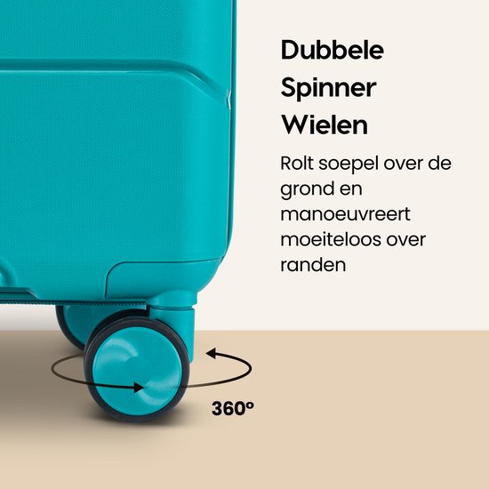 Close-up van de turquoise koffer met dubbele spinner wielen, die 360 graden draaien.