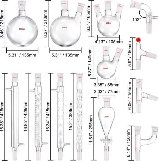 Laboratorium Destillatieset, 3,3 Boro-Glaswerk met 24/40 Verbinding, 1000 ml Etherische Olie Apparatuur, 32-delig Set