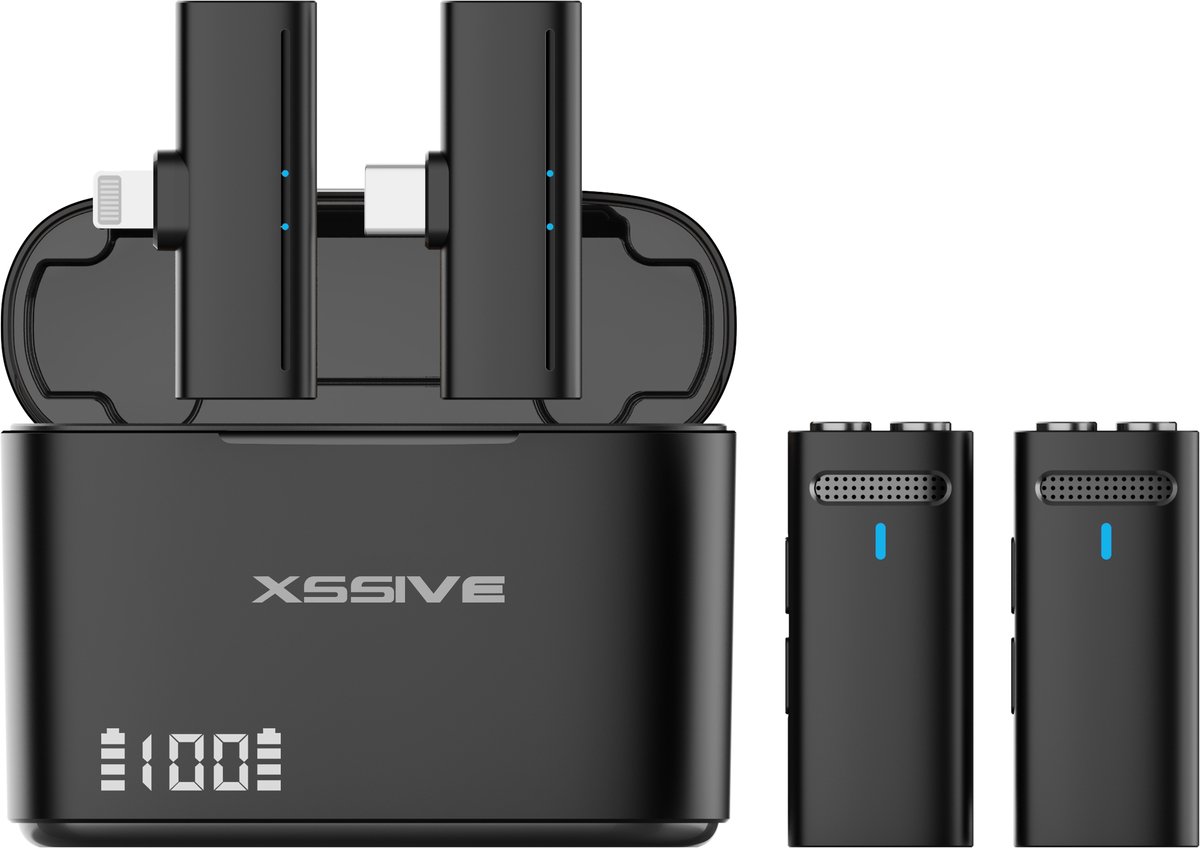 Xssive MP03 Dual Draadloze Microfoon Set - Geschikt voor iPhone en Android - Dasspeld Microfoon Draadloos met USB-C & Lightning - Wireless Lavalier Mic Set