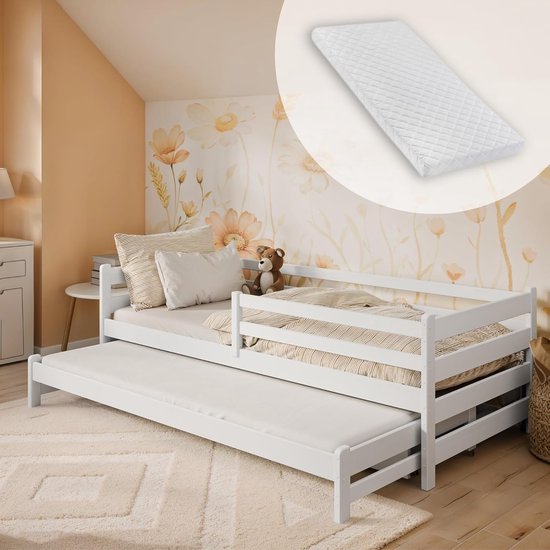 Grondbed huisbed 90 × 200 cm met raam en dak, kinderbed houten bed eenpersoonsbed met lattenbodem en valbescherming voor jongens of meisjes (roze