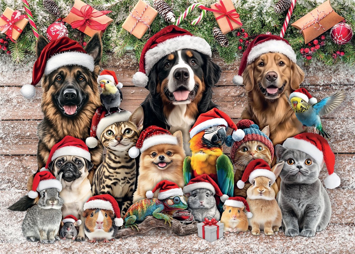 Kerstpuzzel 1000 Stukjes - Mr. Broccoli Puzzel Kerstmis Volwassenen - Christmas Hats Pets - Dieren met Kerstmuts - FSC® - 68 x 48 cm - Legpuzzel Kerst — afbeelding 2