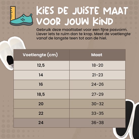 Maattabel voor kinderschoenen van 18-20 tot 36-38.