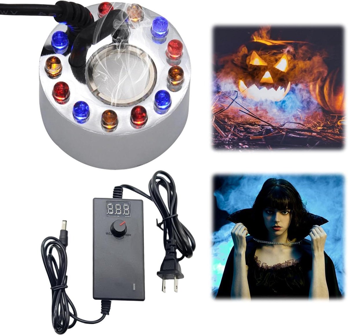 Allecto Plus - Ultrasone vernevelaar met display en EU-stekker, luchtbevochtiger voor binnenruimtes en aromatherapie, 12 leds, nevelverstuiver, geschikt voor tuin, vijver, aquarium en badkuip, mistmaker.