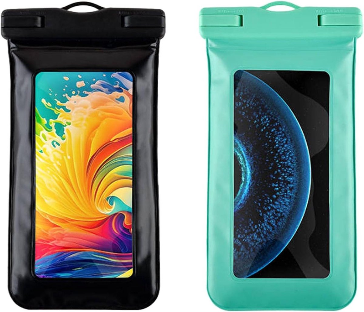 Allecto Plus - Waterdichte telefoonhoes met omhangkoord en drijvende functie - 2 stuks - Zwemmen en strand in zwart smaragd - Geschikt voor rafting - Waterpark accessoire.