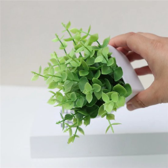 Een hand houdt een kleine kunstplant met spichtige takjes en kleine ronde groene blaadjes in een witte pot vast.
