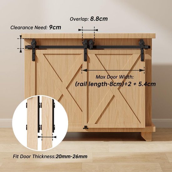 EGTink Mini-accessoireset voor schuifdeuren, accessoireset voor schuur, kasten, tv-standaard, koolstofstaal (120 cm, dubbele deur