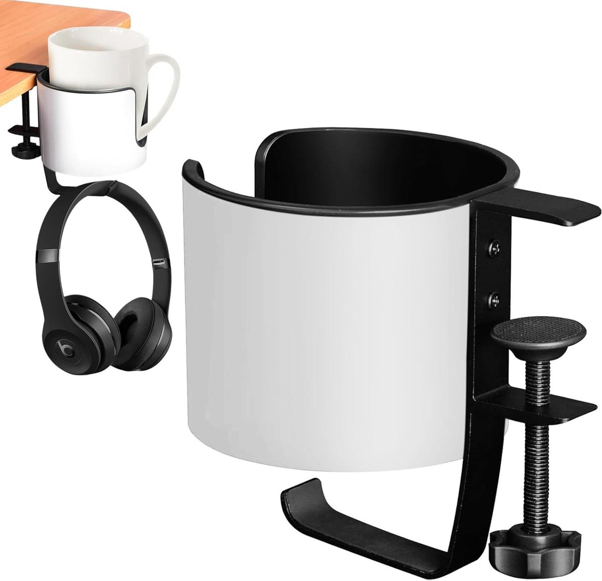 Allecto Plus - 2-in-1 bureaubekerhouder met koptelefoonhanger - anti-morsbekerhouder voor bureau of tafel - eenvoudig te installeren en stevig - geschikt voor koffiemokken en waterflessen