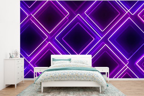 Behang - Fotobehang Gaming - Ruiten - Neon - Paars - Breedte 350 cm x hoogte 260 cm