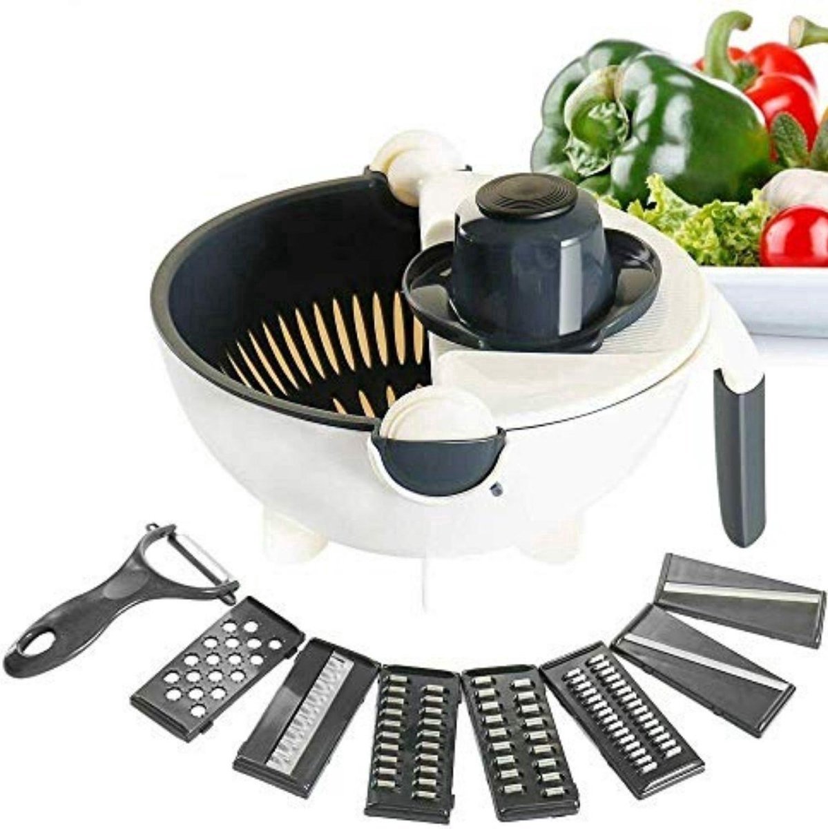 BORVAT® – Multifunctionele Slicer Dicer – 5 Verwisselbare Messen + Vergiet – Vaatwasbestendig – Gerecycled Plastic