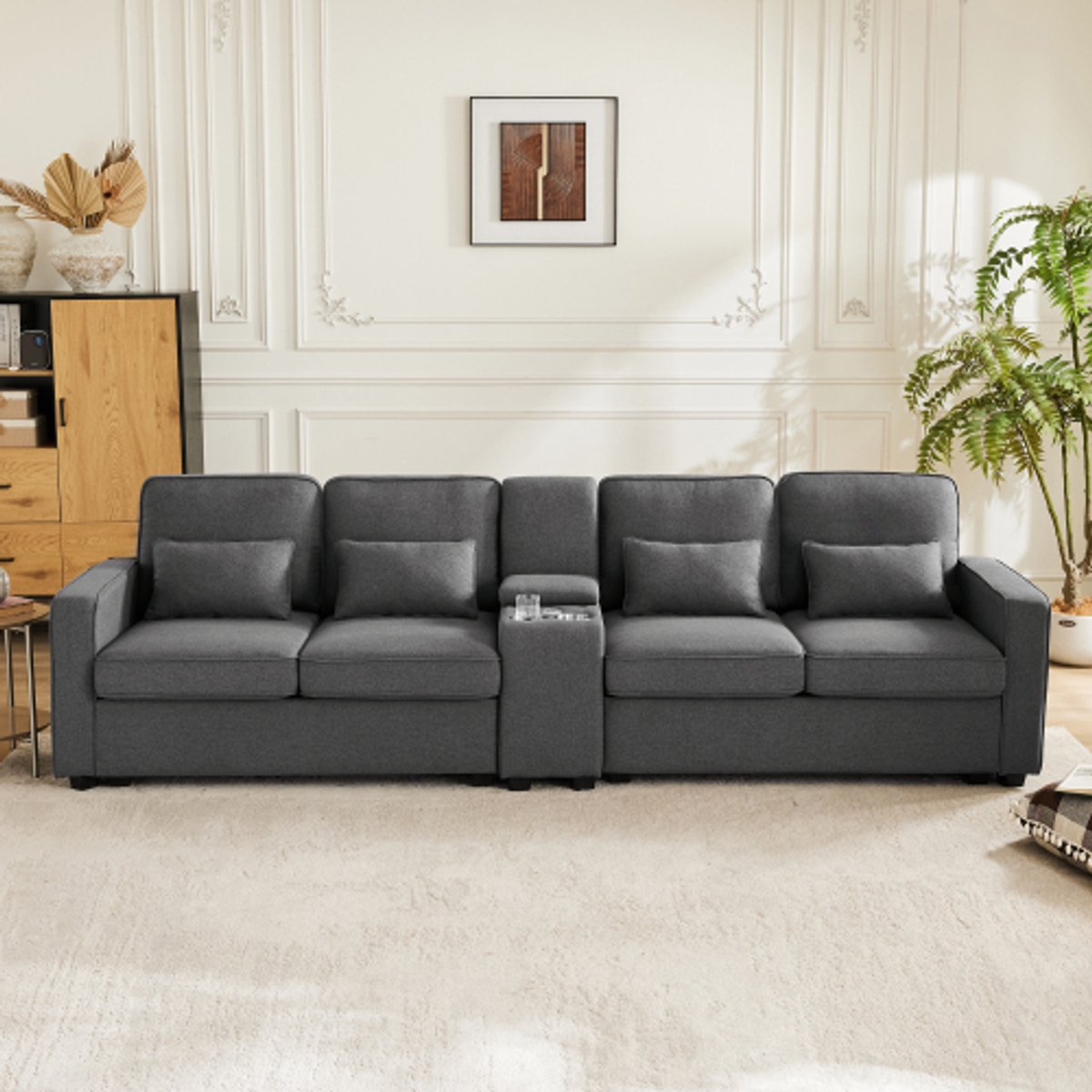 in& out door furniture Moderne 4-zitsbank van linnenstof met console, 2 bekerhouders, 2 USB-poorten voor kabelopladen, met armleuningzakken en 4 kussens, eenvoudige bank voor woonkamer, appartement, kantoo donker grijs