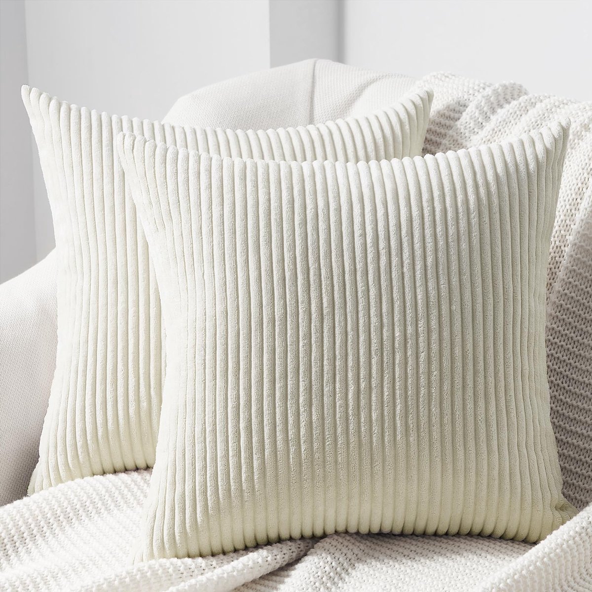 Ibenzoa Kussensloop Set van 2, 40 x 40 cm, Crème Corduroy met Gestreept Patroon voor Woonkamer Creme