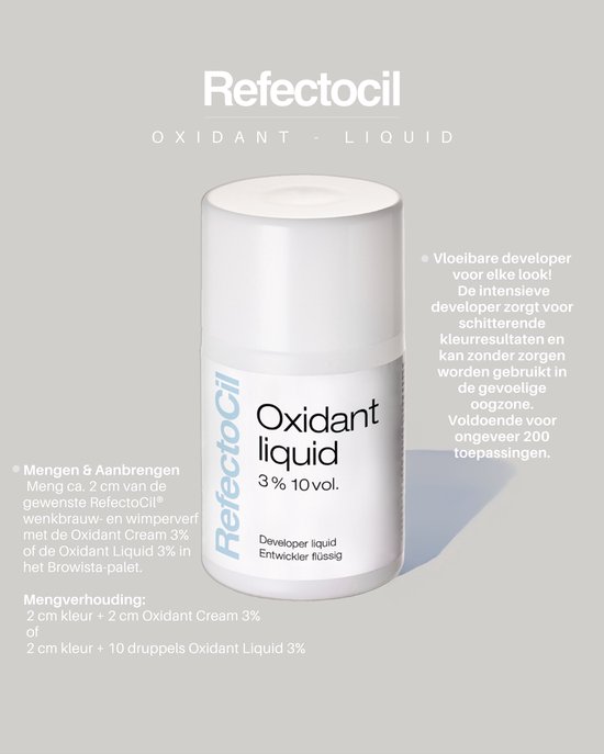 RefectoCil Oxidant Liquid 3% 10 vol. vloeibare developer in een witte fles met blauw label.