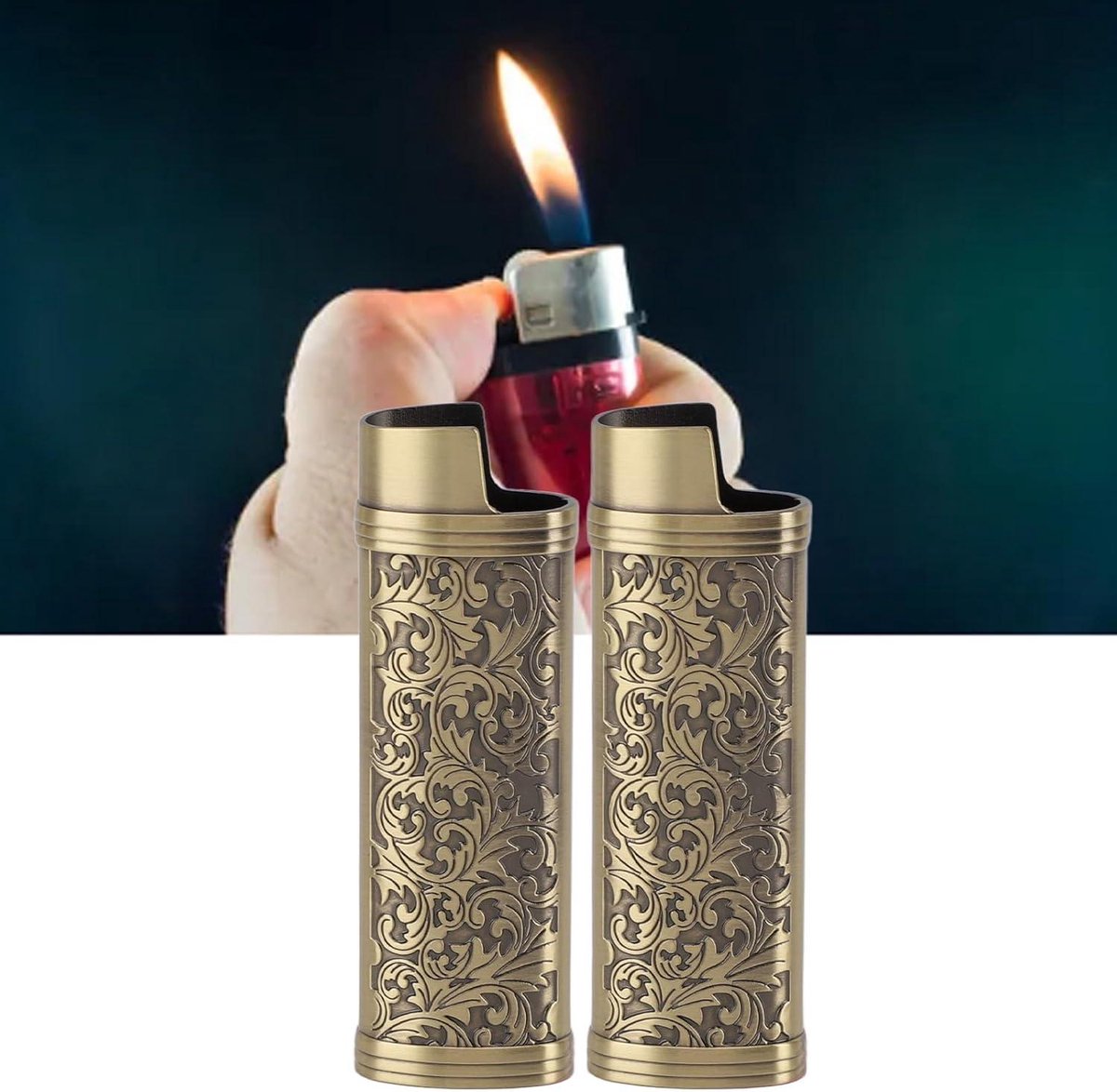 Allecto Plus - Metalen Lichtere Hoeshouder Vintage Bloemen Gestempelde Lichtere Hoes - Zinklegering - Lichtere Bescherming - Bronzen Kleur - Stijlvol Accessoire.