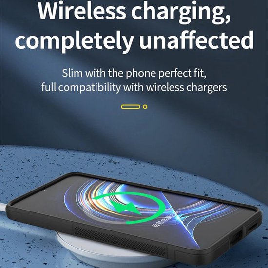 Telefoon met hoesje op draadloze lader. Tekst: Wireless charging, completely unaffected. Slim with the phone perfect fit, full compatibility with wireless chargers.