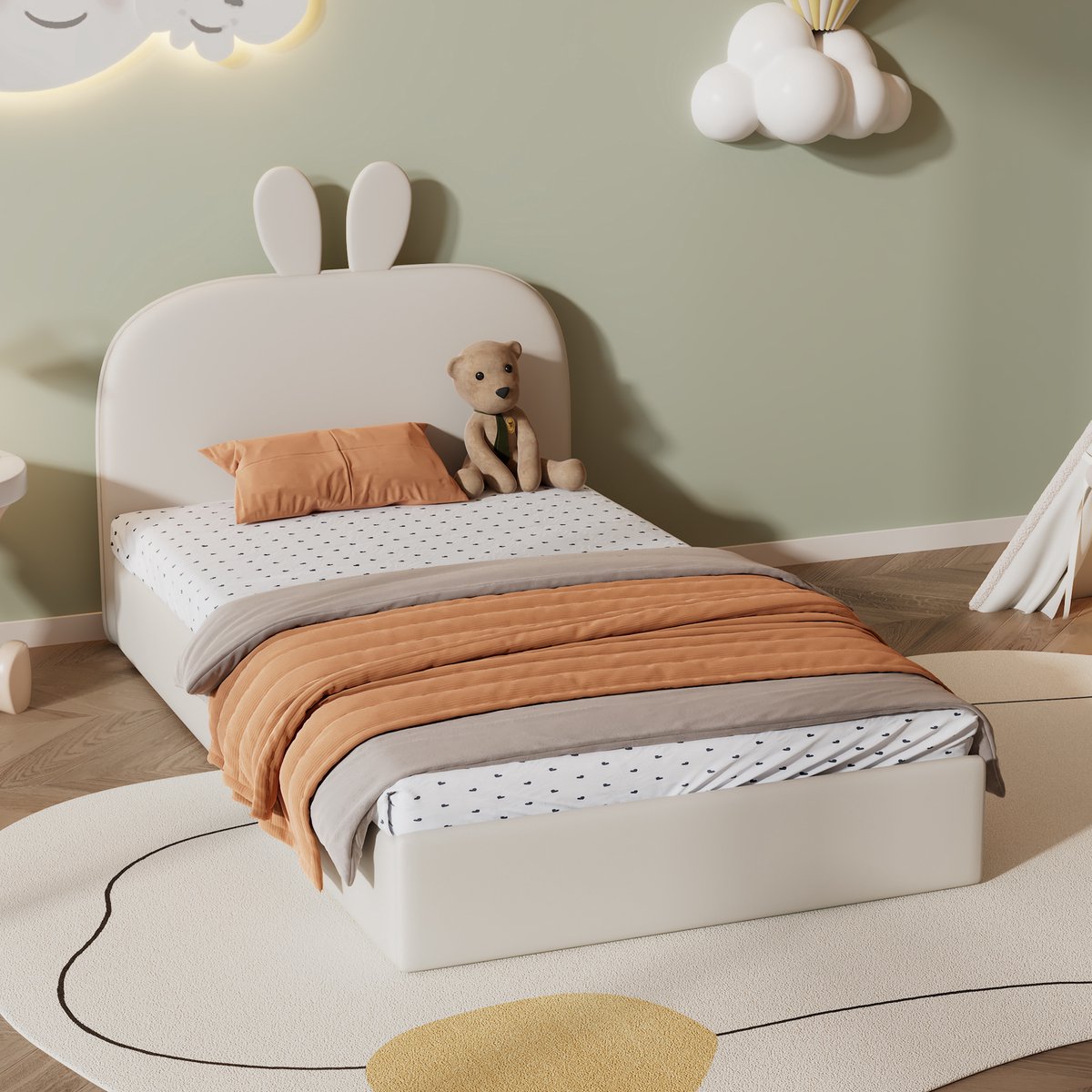 SINGULARITY Kinderbed - Konijnenhoofdbord - met houten lattenbodem - Eenpersoons - Fluweel - Beige - 90x200 cm - Zonder matras
