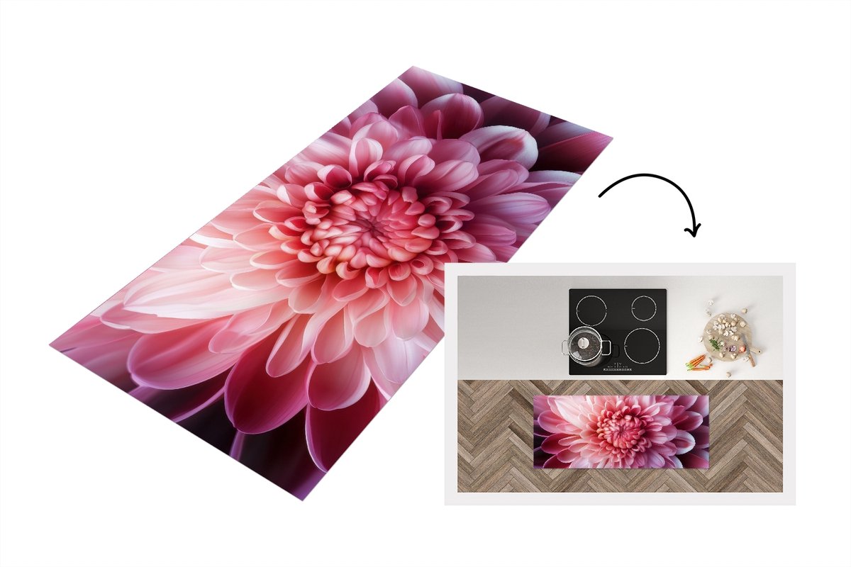KitchenYeah Keukenloper 120x50 cm - Keukenmat vinyl Dahlia - Bloem - Close up - Roze - Keukenmatten loper - Keuken vloerkleed tapijt