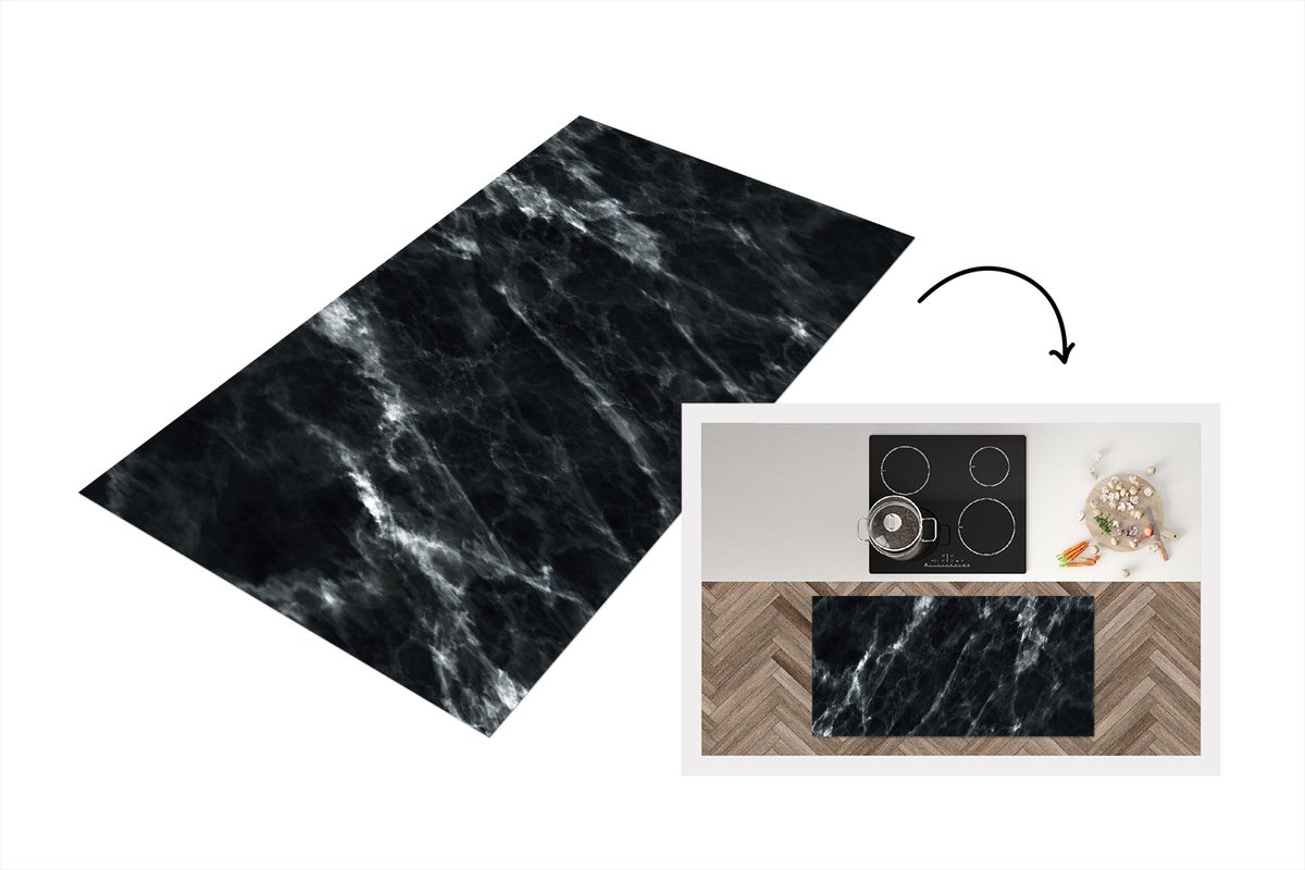 KitchenYeah Keukenloper 120x60 cm - Keukenmat vinyl Marmer - Zwart - Luxe - Keukenmatten loper - Keuken vloerkleed tapijt