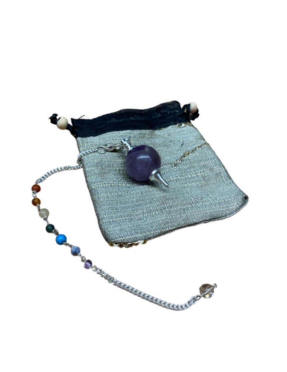 Pendel met ronde Amethist en een ketting met 7 kleine chakra's edelstenen - met gratis bui