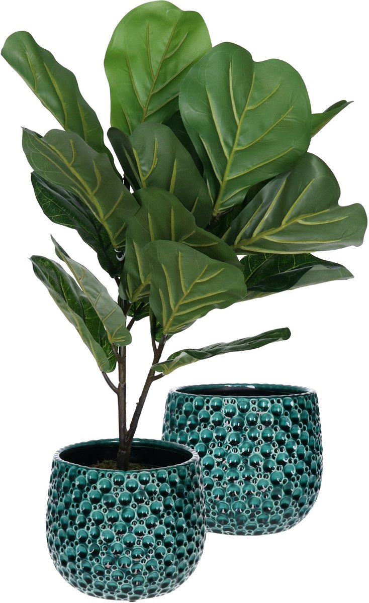 Mega Collections Plantenpot/bloempot Pebblo - 2x - keramiek/geglazuurd - blauw - druppels - D15 x H13 cm