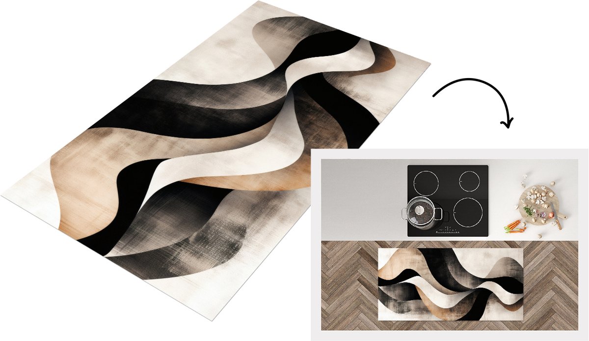 KitchenYeah Keukenloper 120x60 cm - Keukenmat vinyl Abstract - Golven - Zwart - Verweerd - Keukenmatten loper - Keuken vloerkleed tapijt Abstract - Golven - Verweerd