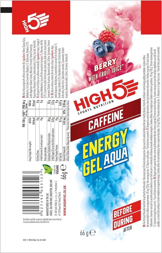 HIGH5 - Isotonic Energy Gel Aqua met Cafeïne - Energie Gel met Koolhydraten - Isotone Sportgel - Berry Smaak - Hardlopen & Wielrennen - 20 x 66ml van Merkloos — afbeelding 5