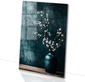 Keramische vaas met bloesemtakken - Stilleven schilderij op glas - Kunst bloesem - Japandi - Schilderijen op acrylglas - Woonaccessoires - Glasschilderij 40x60 cm