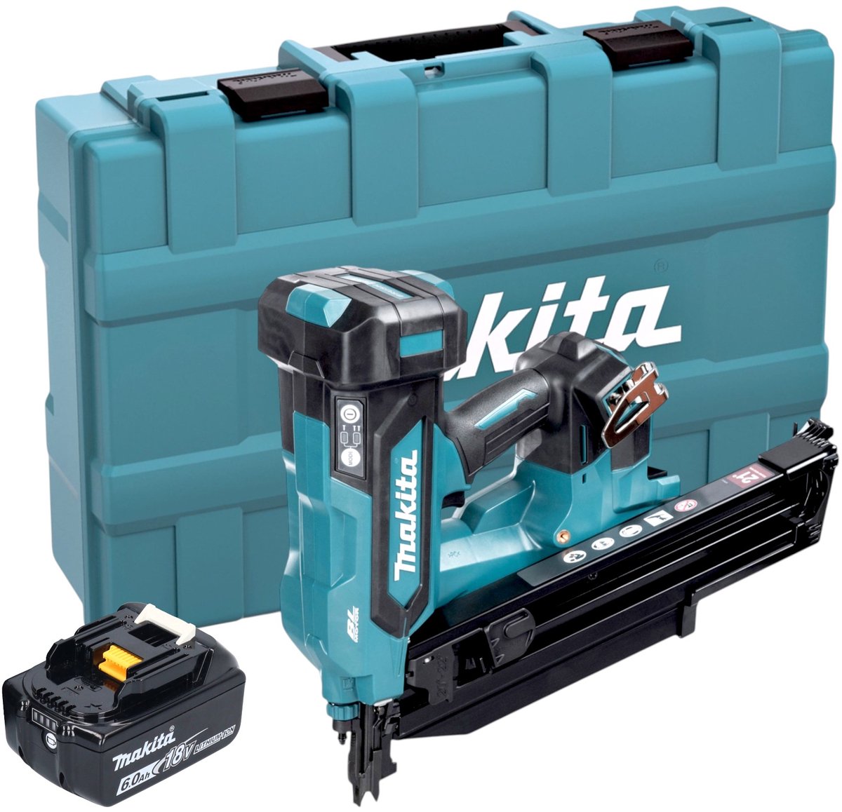 Makita DBN 901 G1K accu-spijkermachine 18 V 50 - 90 mm borstelloos + 1x accu 6,0 Ah + koffer - zonder oplader