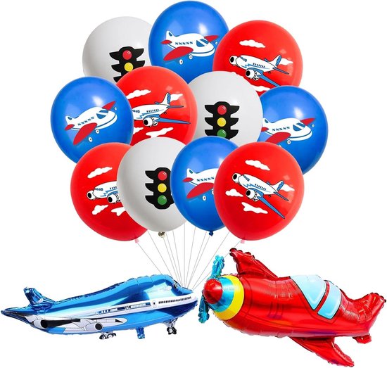 Vliegtuigfeestballonnenset – 1x Banner, 2x Vliegtuigballon, 18x Latex Ballonnen, 12 Taarttoppers | Blauw-wit Thema | Geschikt Voor Jongensverjaardag & Babyshower