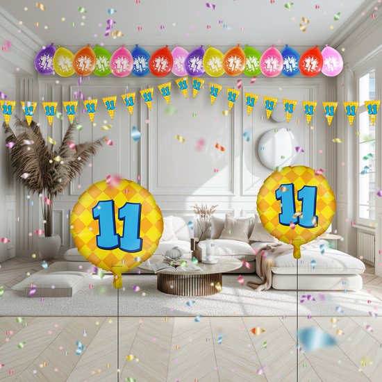 Ballonnen en slingers met de tekst '11' in een feestelijke kamer.