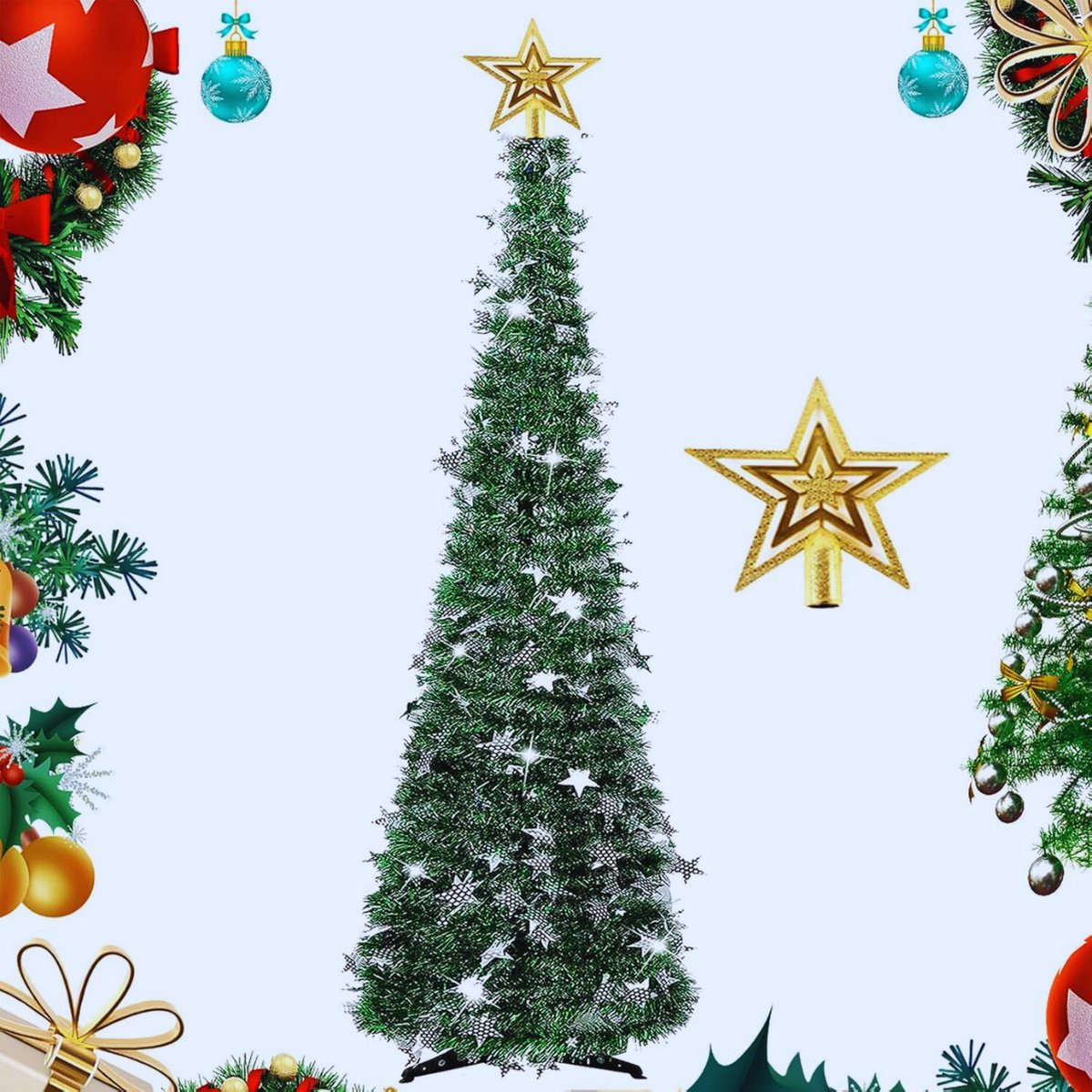 Opvouwbare kunstkerstboom 1.5m in groen met stervormige boomtop en stevige standaard.