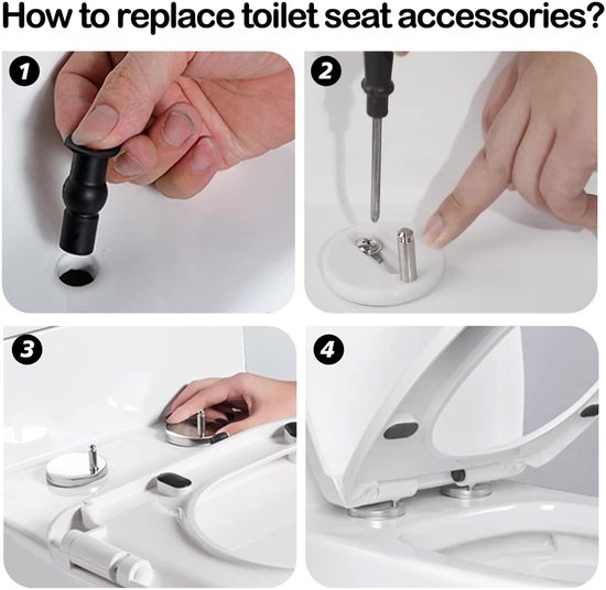 Vier stappen voor het vervangen van toiletzittingaccessoires: rubberen plug plaatsen, schroef bevestigen, dopje erop, toiletzitting vastzetten.
