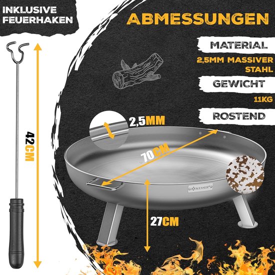 Afmetingen van de vuurschaal: diameter 70 cm, hoogte 27 cm, staaldikte 2,5 mm. Inclusief vuurhaak van 42 cm. Tekst 'Afmetingen', 'Materiaal', '2,5 mm massief staal', 'Gewicht 11 kg', 'Roestend'.
