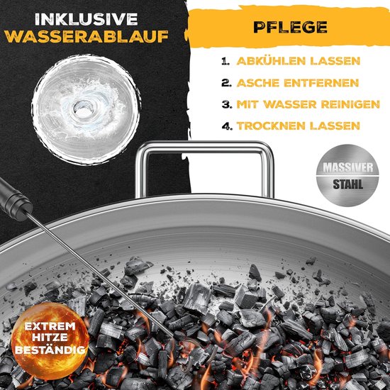 Vuurschaal met kolen, tekst 'Inclusief waterafvoer', 'Pflege', 'Massief staal' en 'Extreem hittebestendig'.