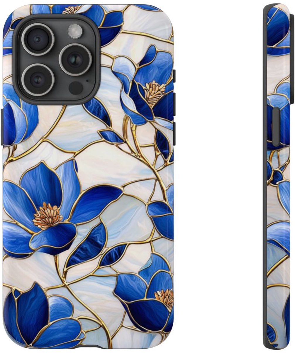 Blauw Gebloemd Glas-in-loodpatroon – Telefoonhoesje Geschikt voor iPhone 15 Pro Max