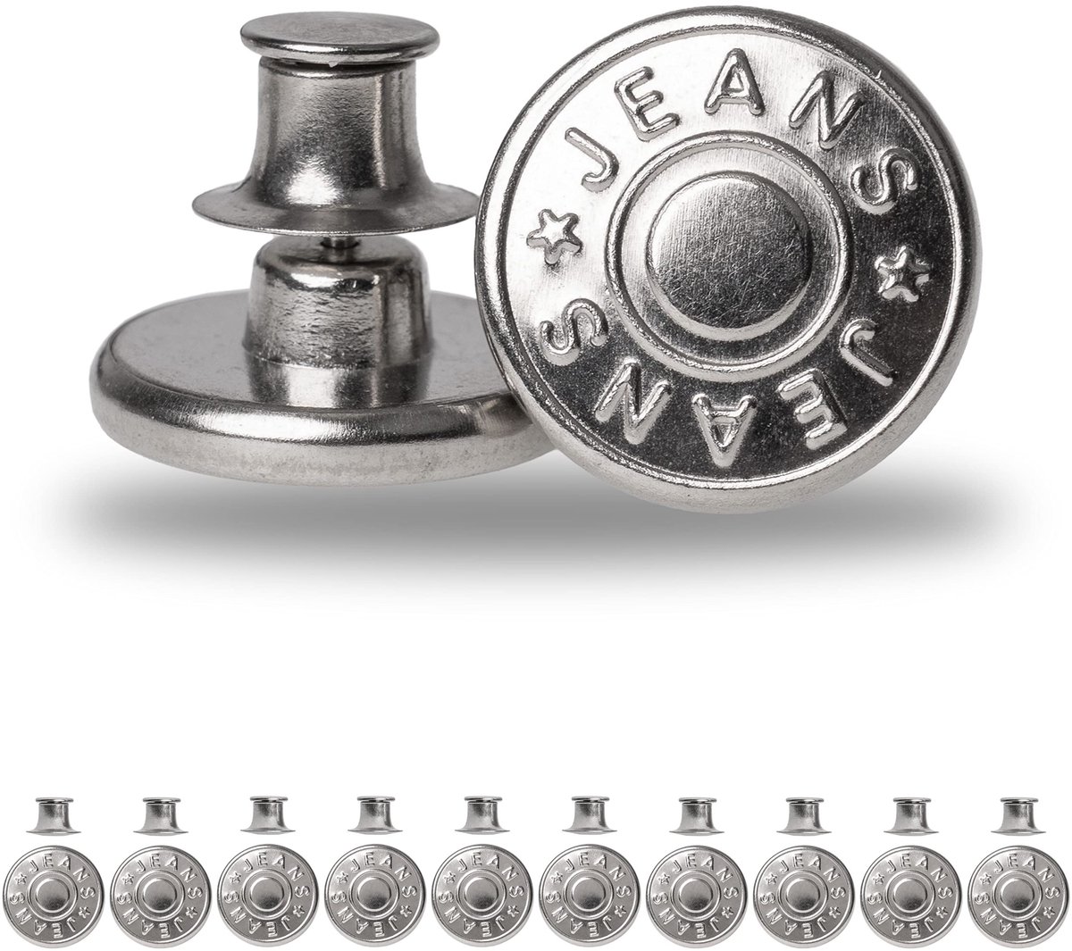 Verstelbare broekvervangingsknopen, 10 stuks, Ø 20 mm messing jeansknopen, zilverkleurig, tailleband op elk moment verstelbaar, broeken strakker en wijder maken, jeansknoopspeld, jeansknoop met speld, broekknopen