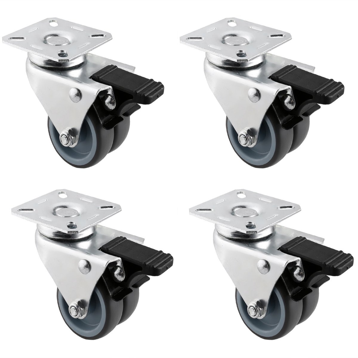 Hausee 4 stuks zwenkwielen 50mm, zwenkwielen met rem, zwaarlastwielen, transportwielen, meubelwielen, strandstoelwielen met rem, dubbele wielen 200KG