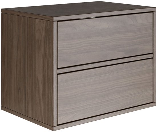 Hangend nachtkastje met 2 lades van walnootfineer. Strak, modern design.