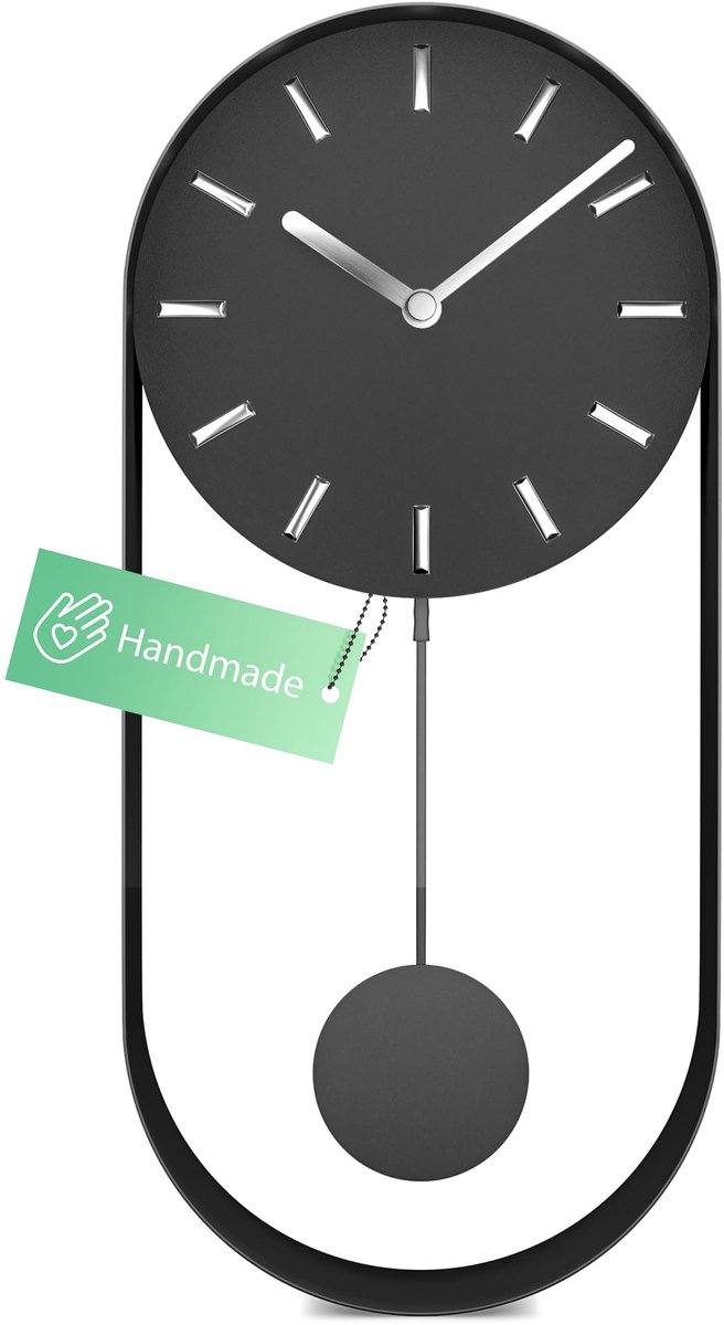 Mebus Moderne Pendelklok Grote Wandklok zonder tikkend geluid I Handgemaakt van metaal I Quartz uurwerk I 40 x 20 cm I Kleur Grijs Zwart