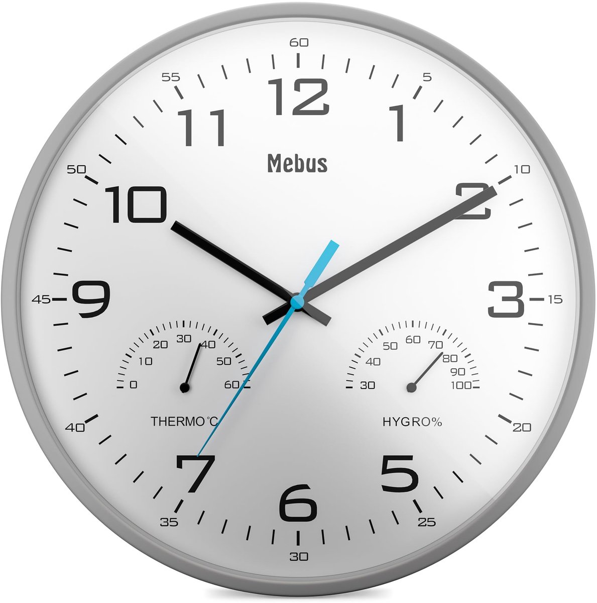 Mebus moderne quartz wandklok met temperatuur- en vochtigheidsweergave, 30 cm diameter, woonkamer-, keukenklok, rond / Model: 16182 / Kleur: Grijs