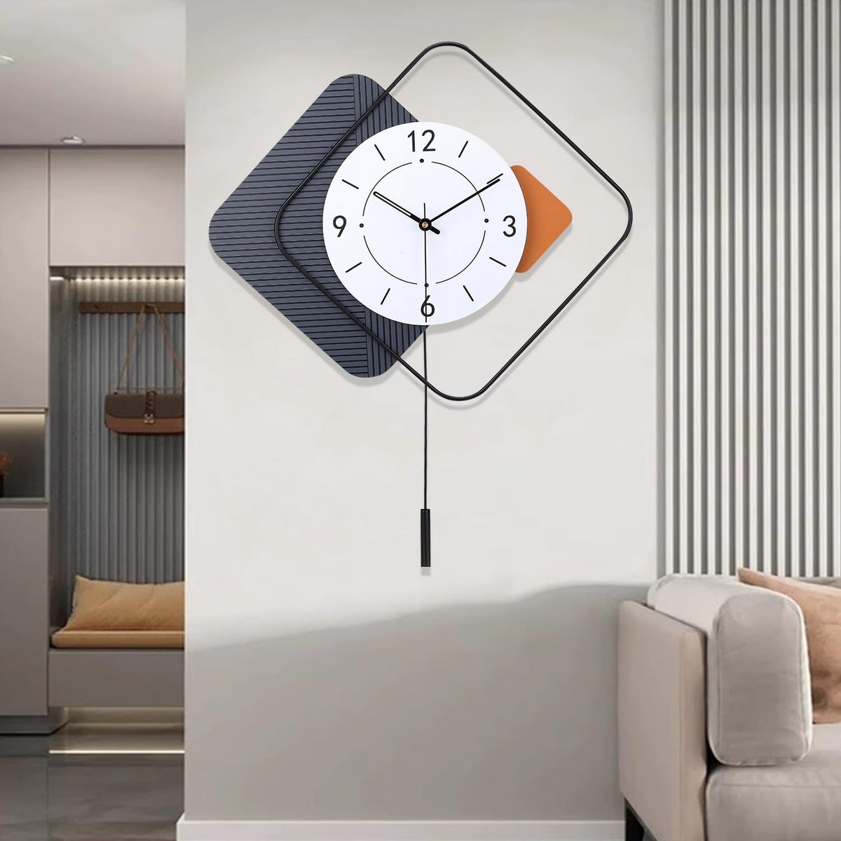 Coslife Wandklok met slinger, Stille, hoogwaardige kwartswandklok, op batterijen, grote wandklok voor woonkamer, huis, badkamer, wanddecoratie (zwart, 48,3 x 61 cm)