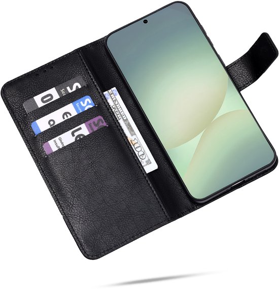 Zwarte portemonnee telefoonhoes met telefoon, pasjes en geld.