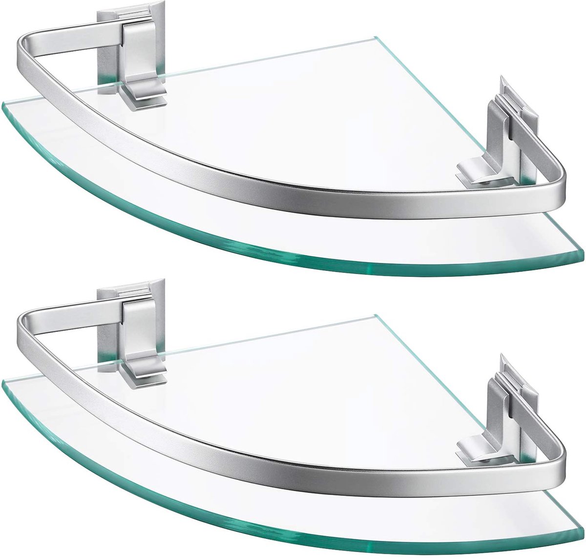 KES Glazen Plank Hoekplank Badkamerplank Glazen Doucheplank om op te hangen 8mm Badkamer Wandplank Douche Glazen Plank Wandmontage Hoek 2 Stuks Organizer Aluminium Zilver, A4120A-P2