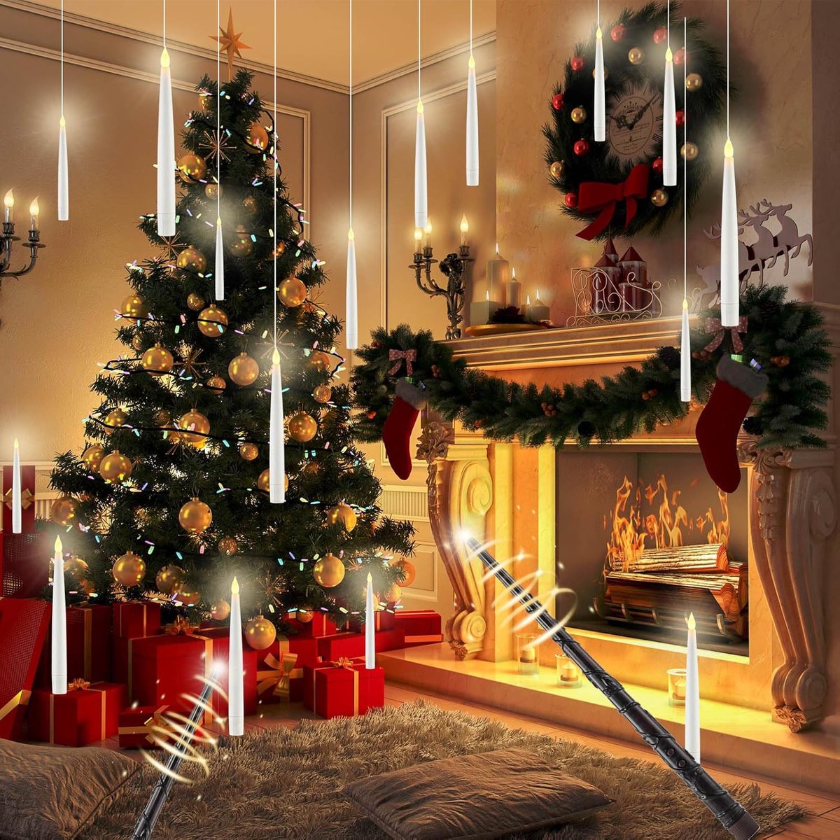 Famanu kaarsen met toverstaf, afstandsbediening, drijvende batterijvoeding voor Kerstmis, bruiloft, Halloween, verjaardagsfeest wit